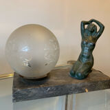 Art Deco lamp with woman and opaline globe on marble