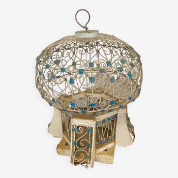 Cage à oiseau ancienne style orientale en métal et bois forme ronde