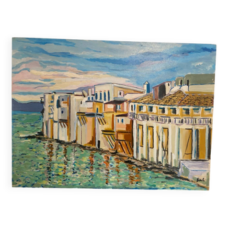 Oil on panel "Mykonos" signed Bul