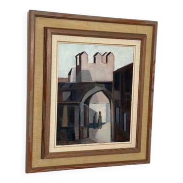 Huile sur toile suédoise d'époque mi-siècle – « Entrée » par Reuben Hedin – vintage et encadrée – 55 × 63 cm
