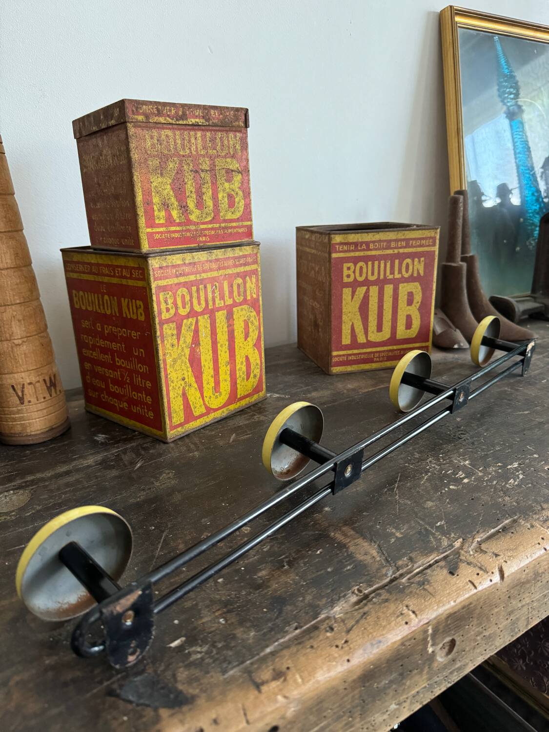 Wall coat rack with 4 vintage yellow metal hooks