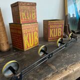 Wall coat rack with 4 vintage yellow metal hooks