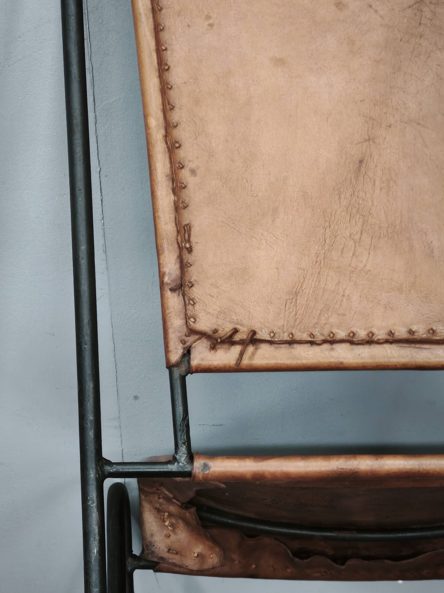 1990s European Brutalist Wrought Iron and Hand-Stitched Cognac Leather Dining Chair