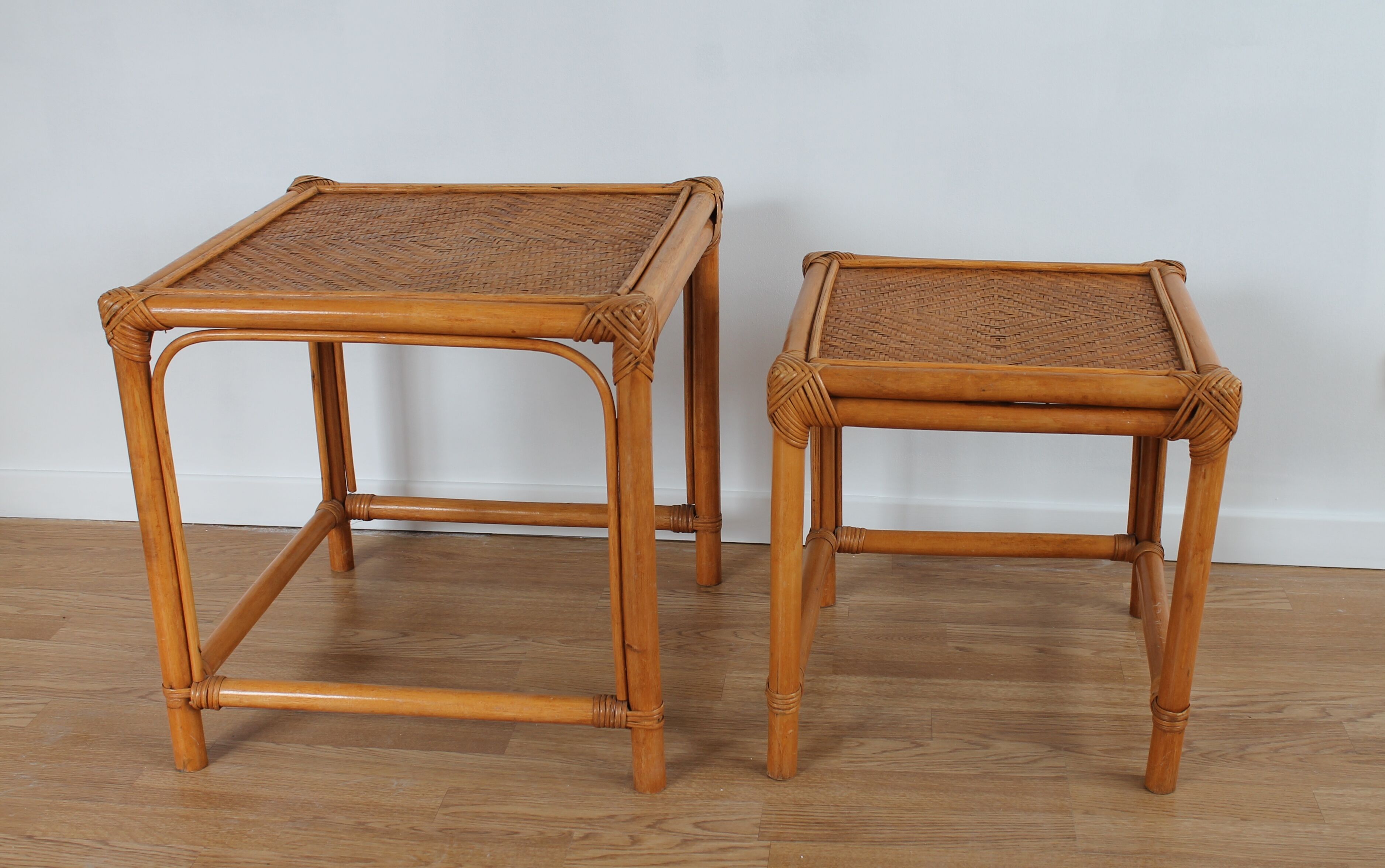 Pair of 70's vintage rattan tables