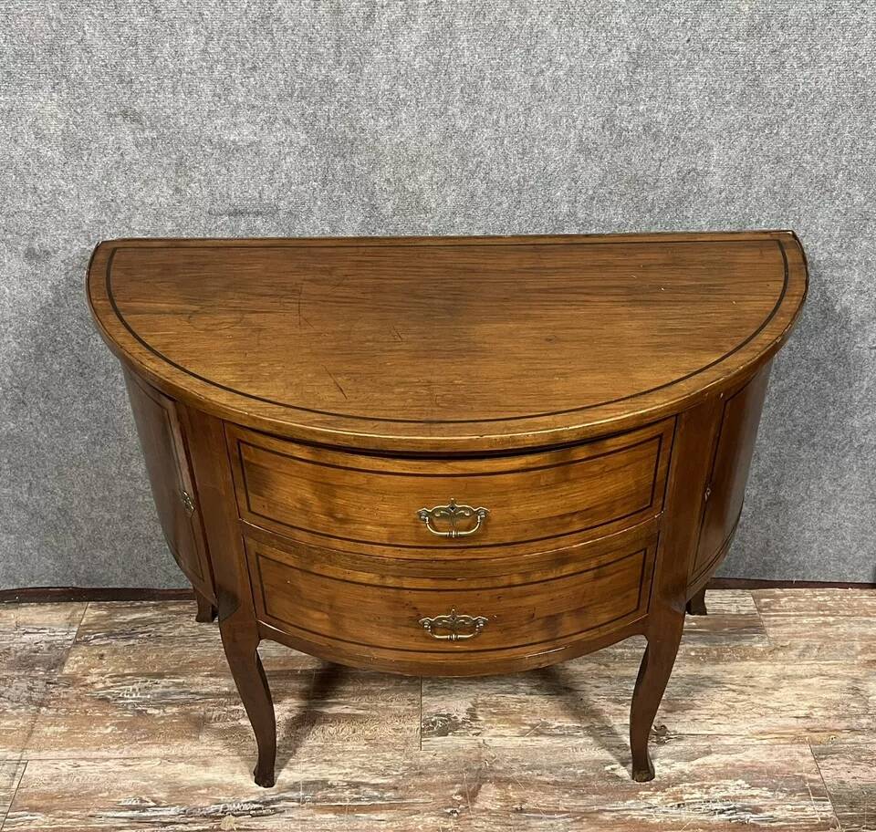 Louis XV / Louis XVI Transition style half-moon chest of drawers in marquetry mahogany
