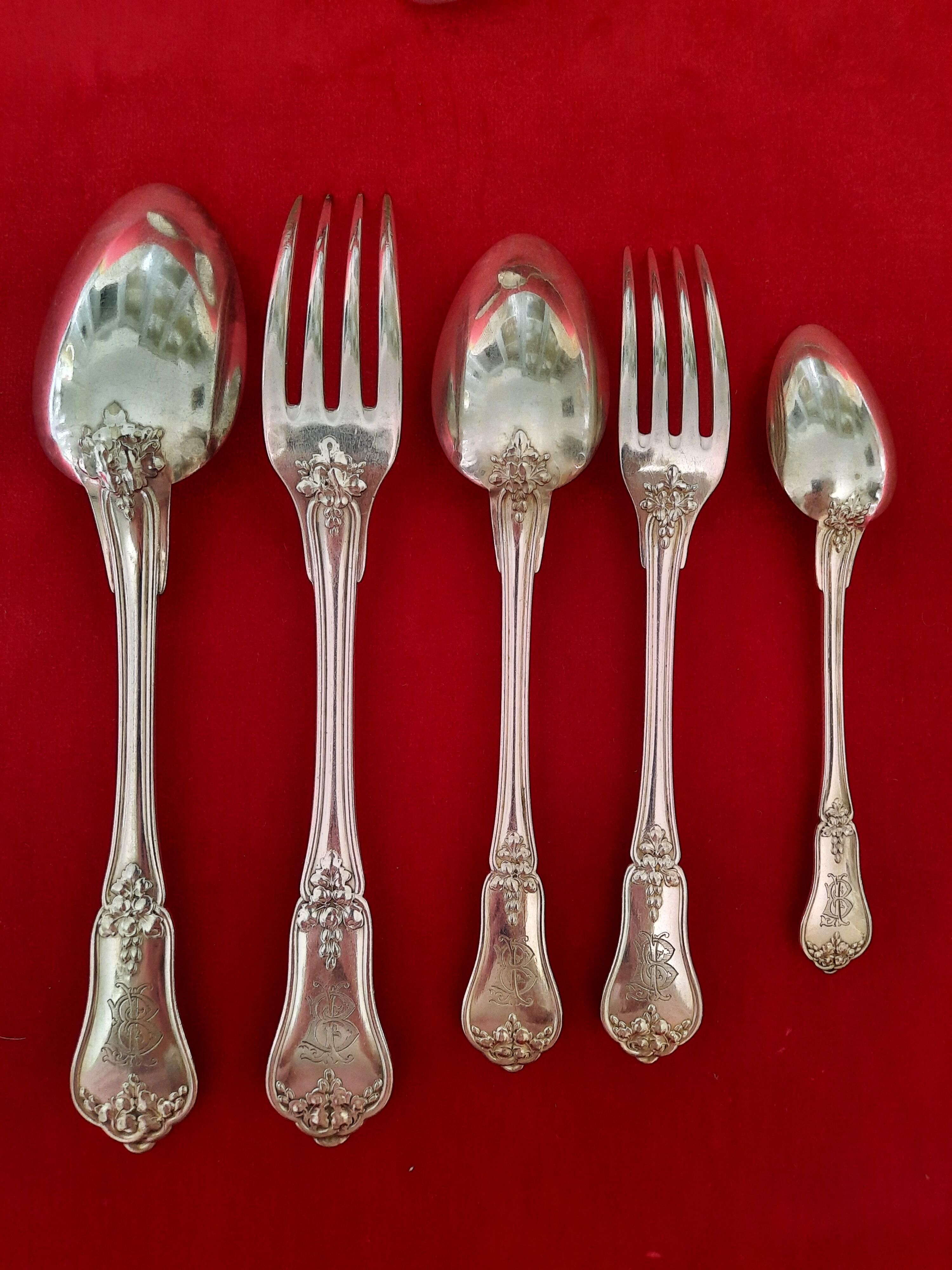 Antique silver-plated monogrammed cutlery set
