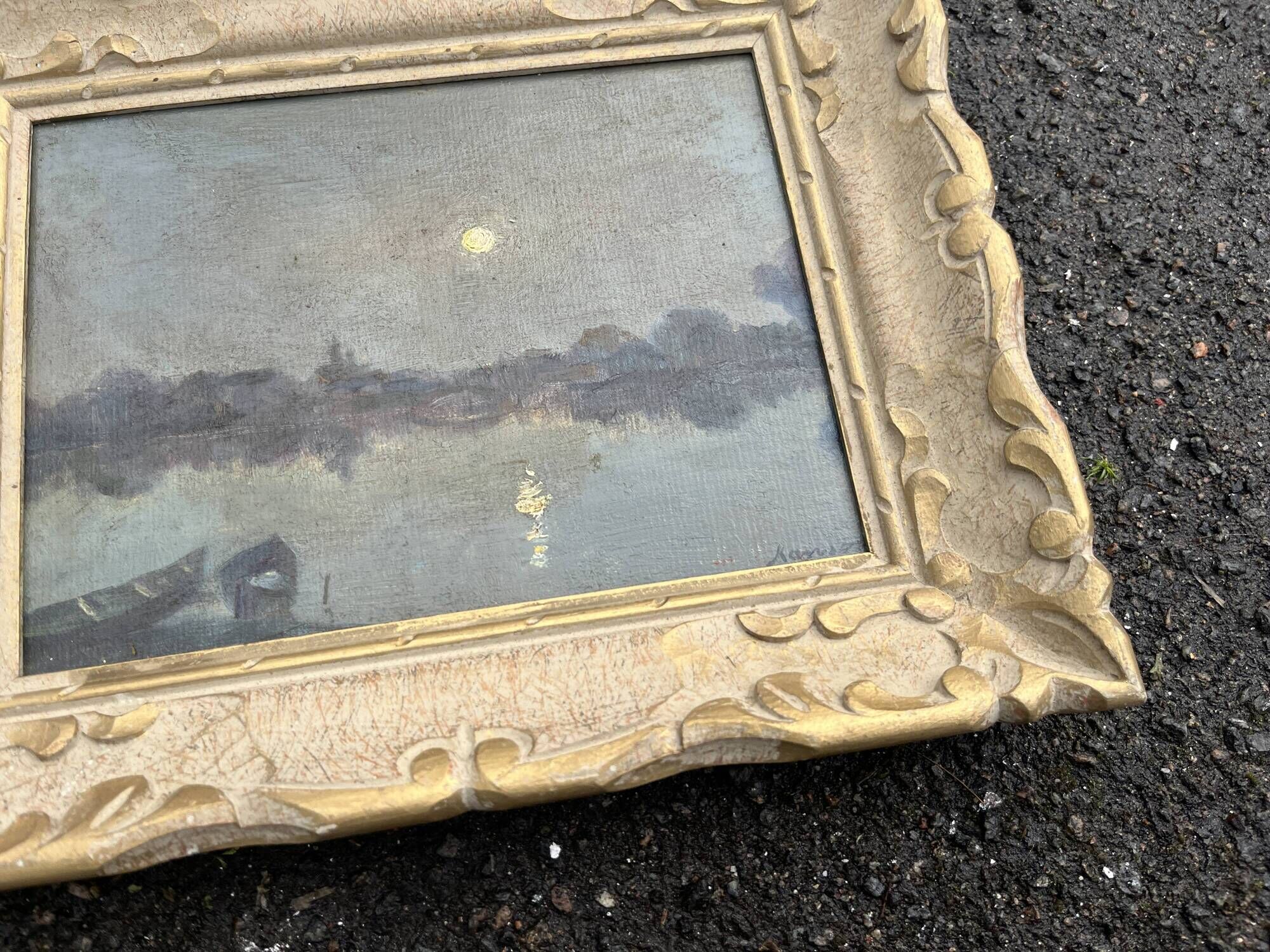 Antique Painting - Night Landscape by the Water and Golden Frame