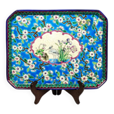 Plateau en faïence émaillée – Fleurs de pommier et grues – Longwy, 1894
