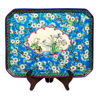 Enamelled earthenware plate – Apple blossom and cranes – Longwy, 1894