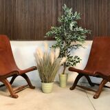 Set of 2 Spanish high-back leather slipper chairs by Pierre Lottier, 1950s