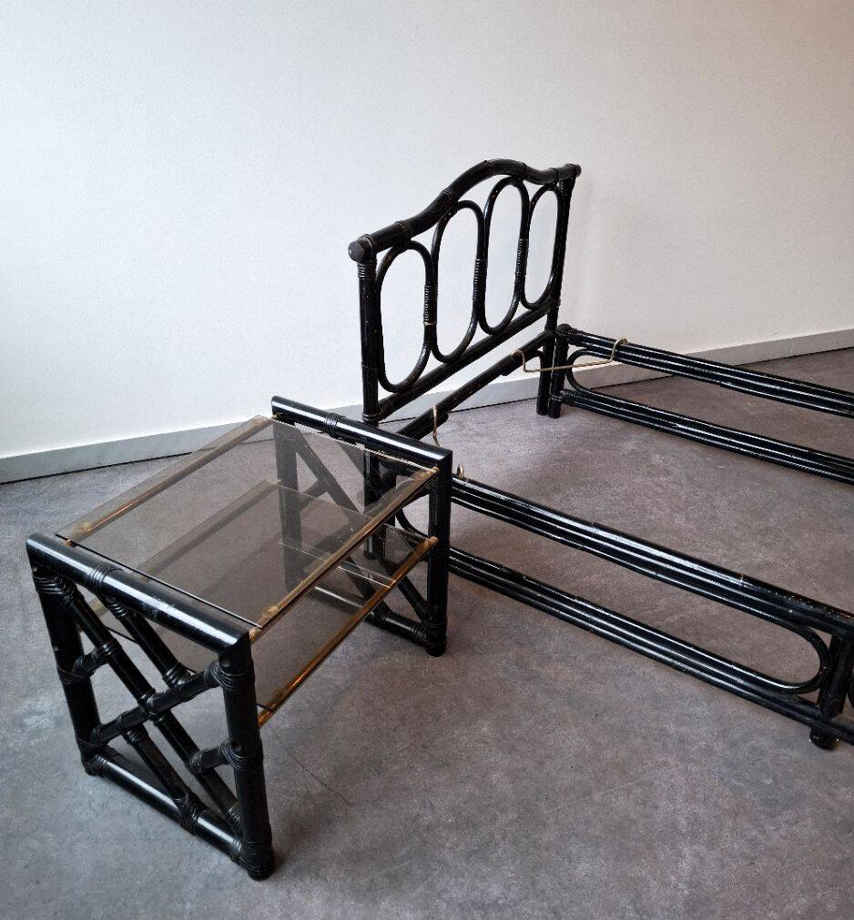 Bamboo and rattan bed and bedside table set, Italian design, 1970s.