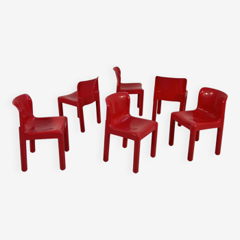 Set of 6 red chairs model 4875 by Carlo Bartoli for Kartell, 1970