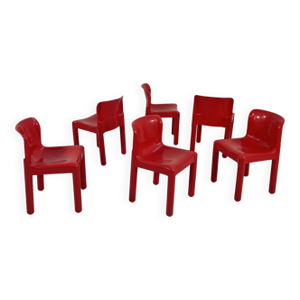 Lot de 6 chaises rouges modèle 4875 par Carlo Bartoli pour Kartell, 1970