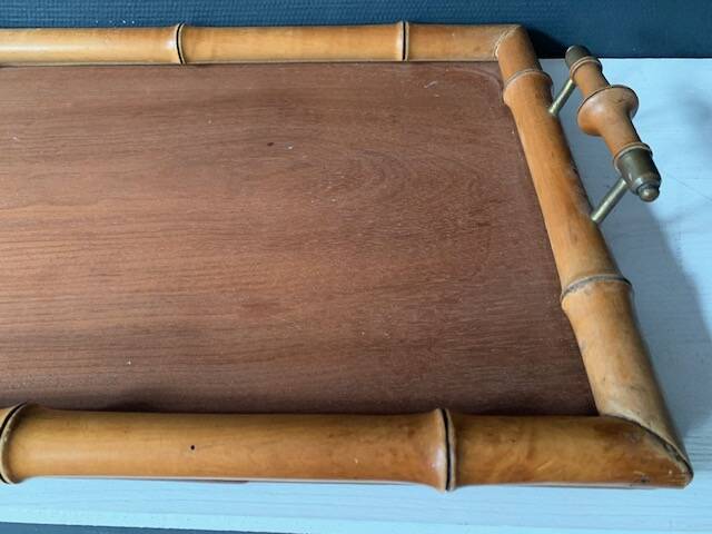 Old serving tray in faux bamboo and brass, 19th century