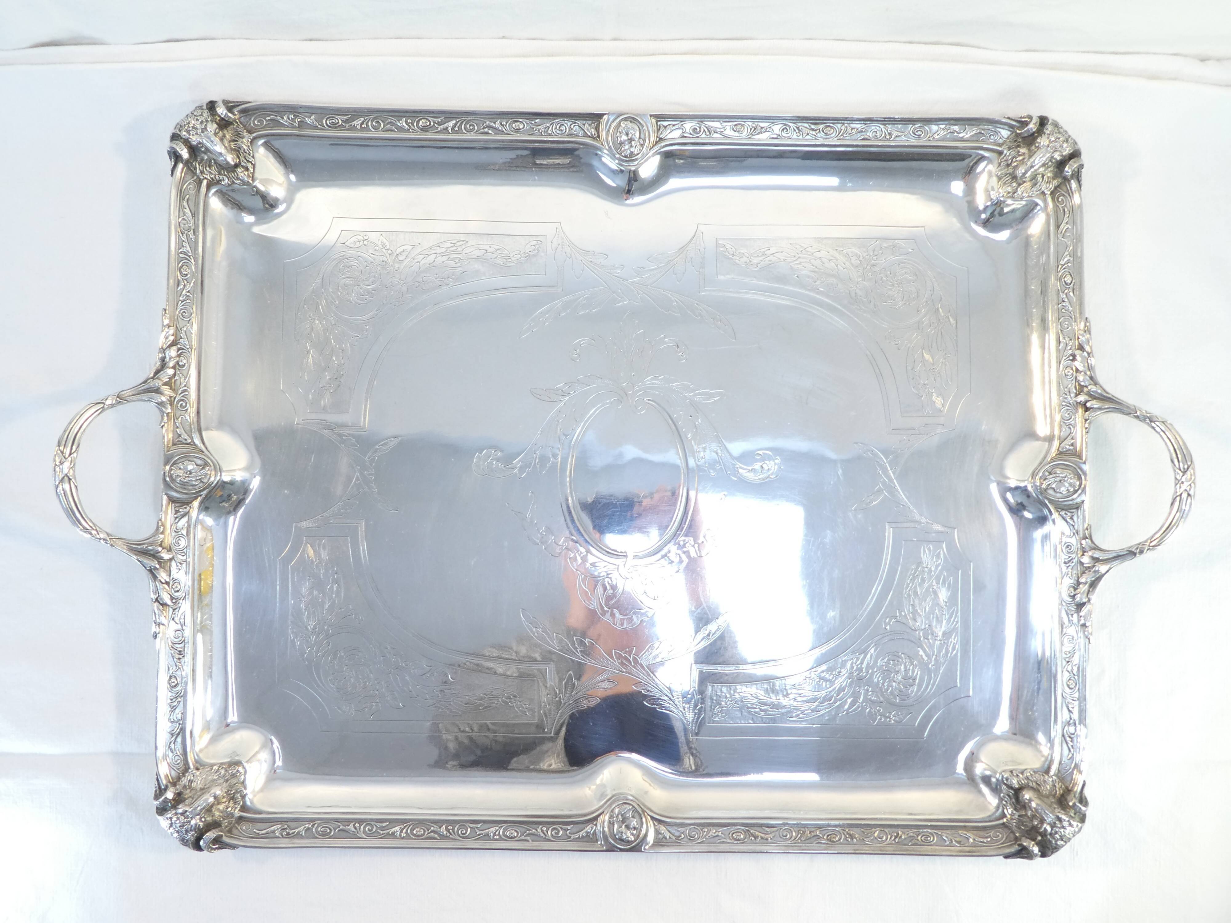 Service tray with silver metal belier 19th 77 X 52 cm