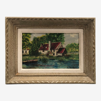 old painting oil painting representing a countryside landscape, nature, pond, signed R.A.L