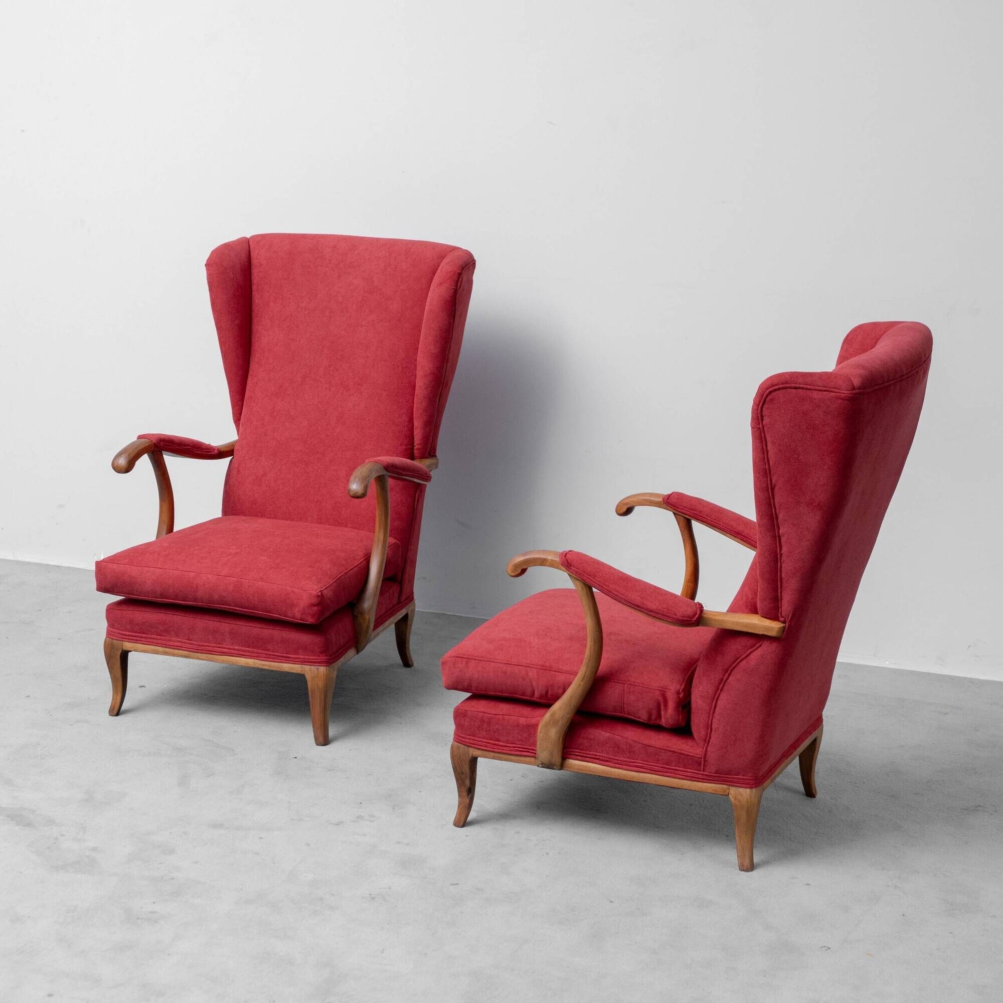 Pair of vintage armchairs attributed to Paolo Buffa in red fabric from the 1950s.