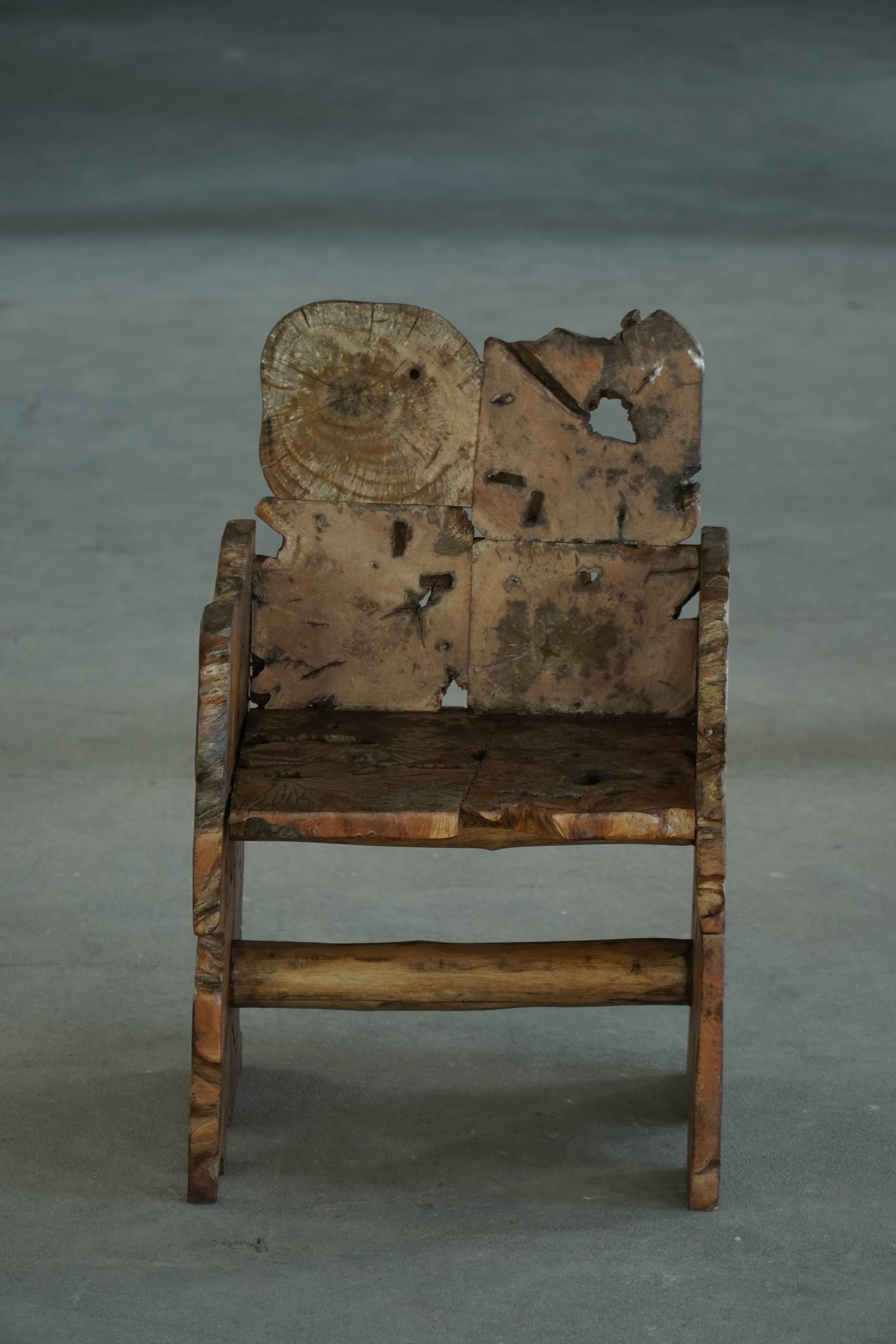 Unique wooden armchair in primitive Scandinavian "wabi-sabi" style, 20th century, 1950s.