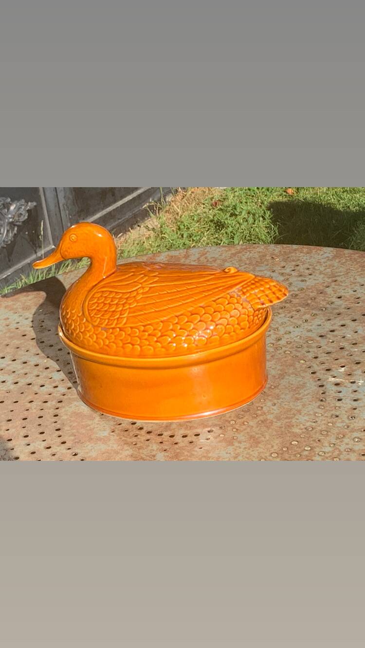 Duck, slip, glazed ceramic terrine, brown, vintage