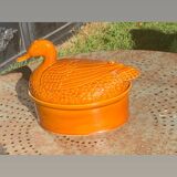 Duck, slip, glazed ceramic terrine, brown, vintage