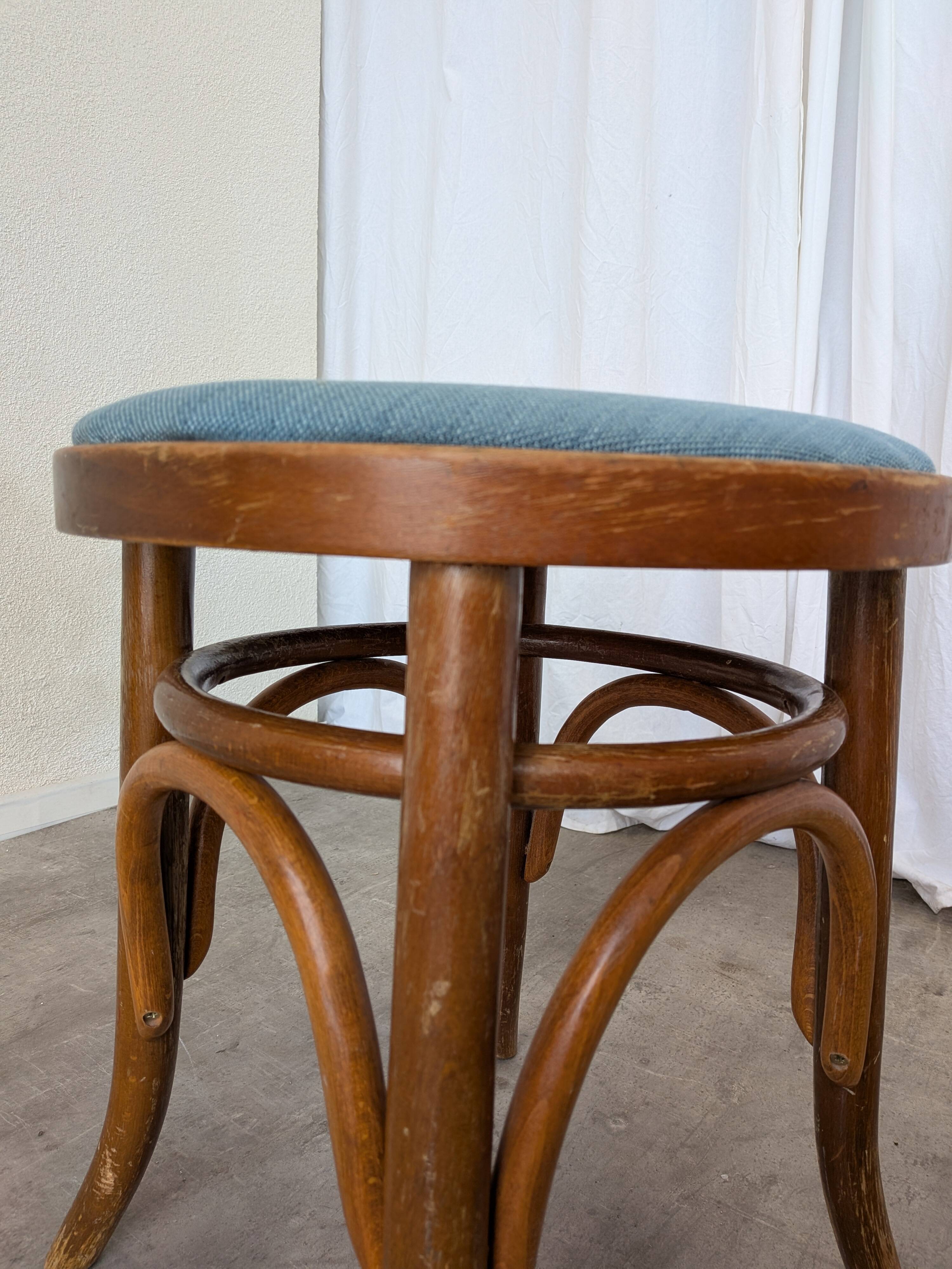 Pair of Vintage Bentwood Stools / Thonet Style / Upholstered Seat in Blue