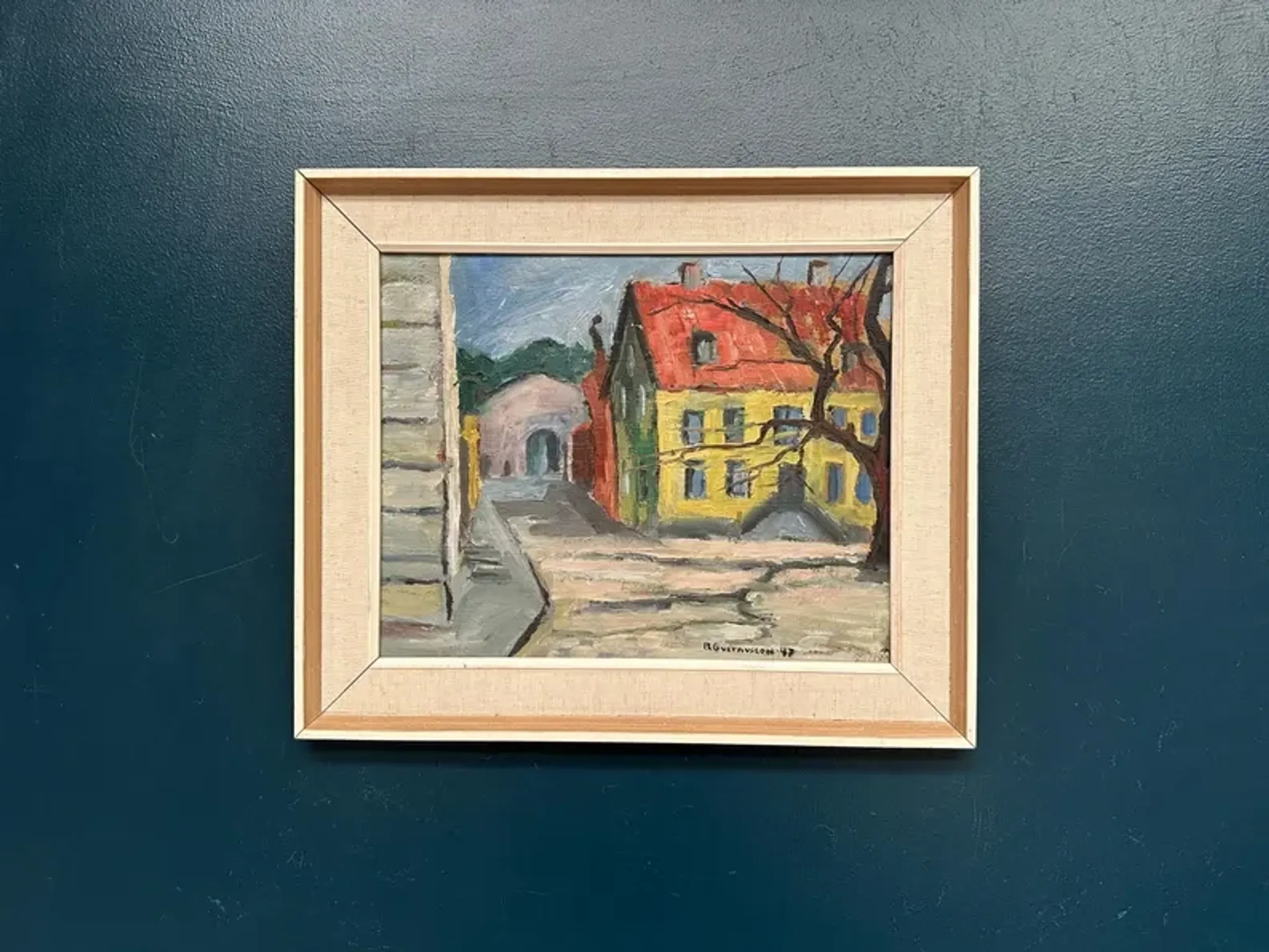 Original Swedish Oil on Panel – “Urban Landscape” by B. Gustavson – Signed – Dated 1947 – Vintage & Framed