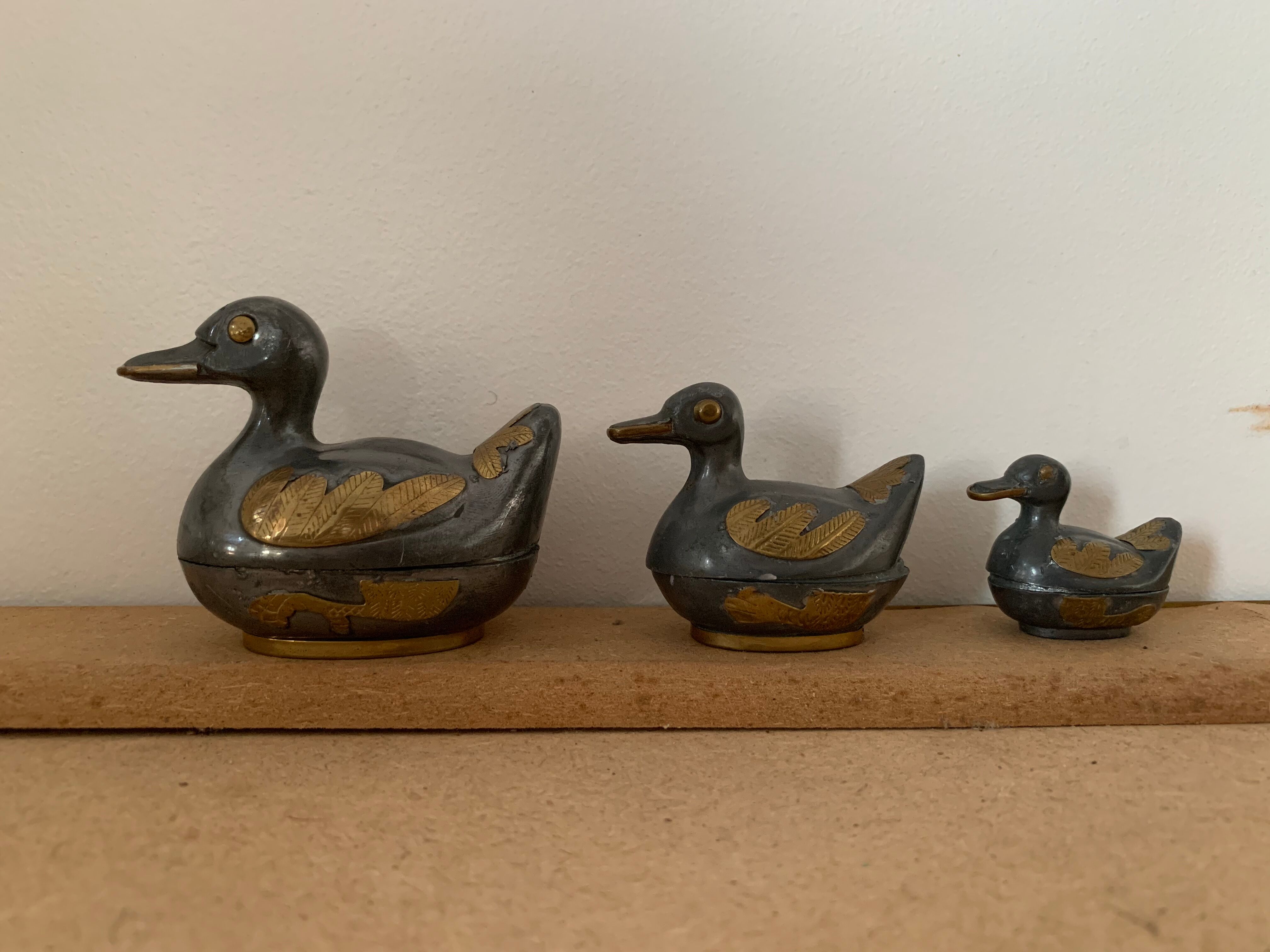 Set of 3 antique tin and brass ducks