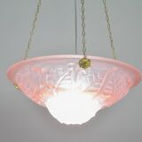 Pink Art Deco top quality pendant light with floral decorations, signed Degué