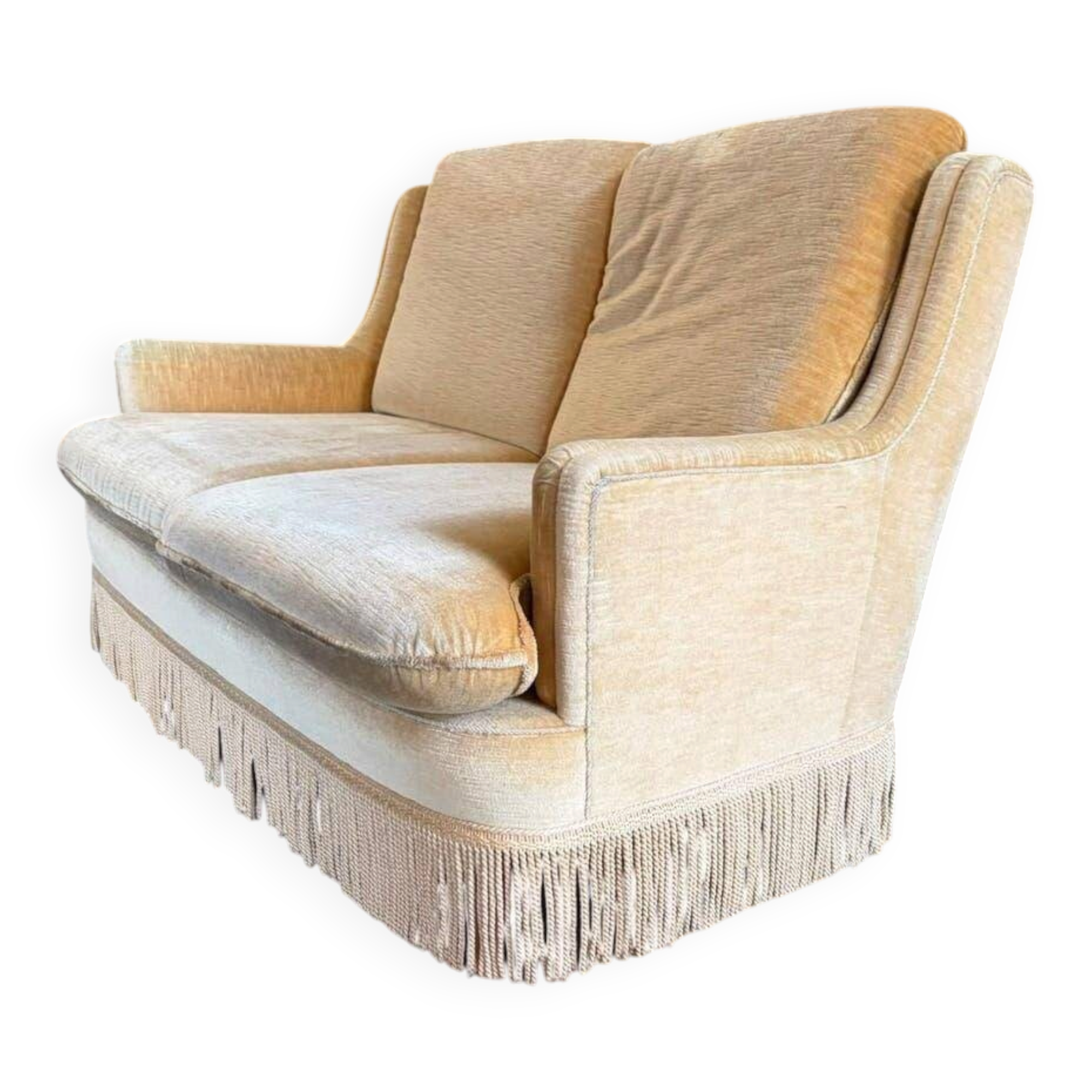 Vintage beige two-seater sofa with fringes