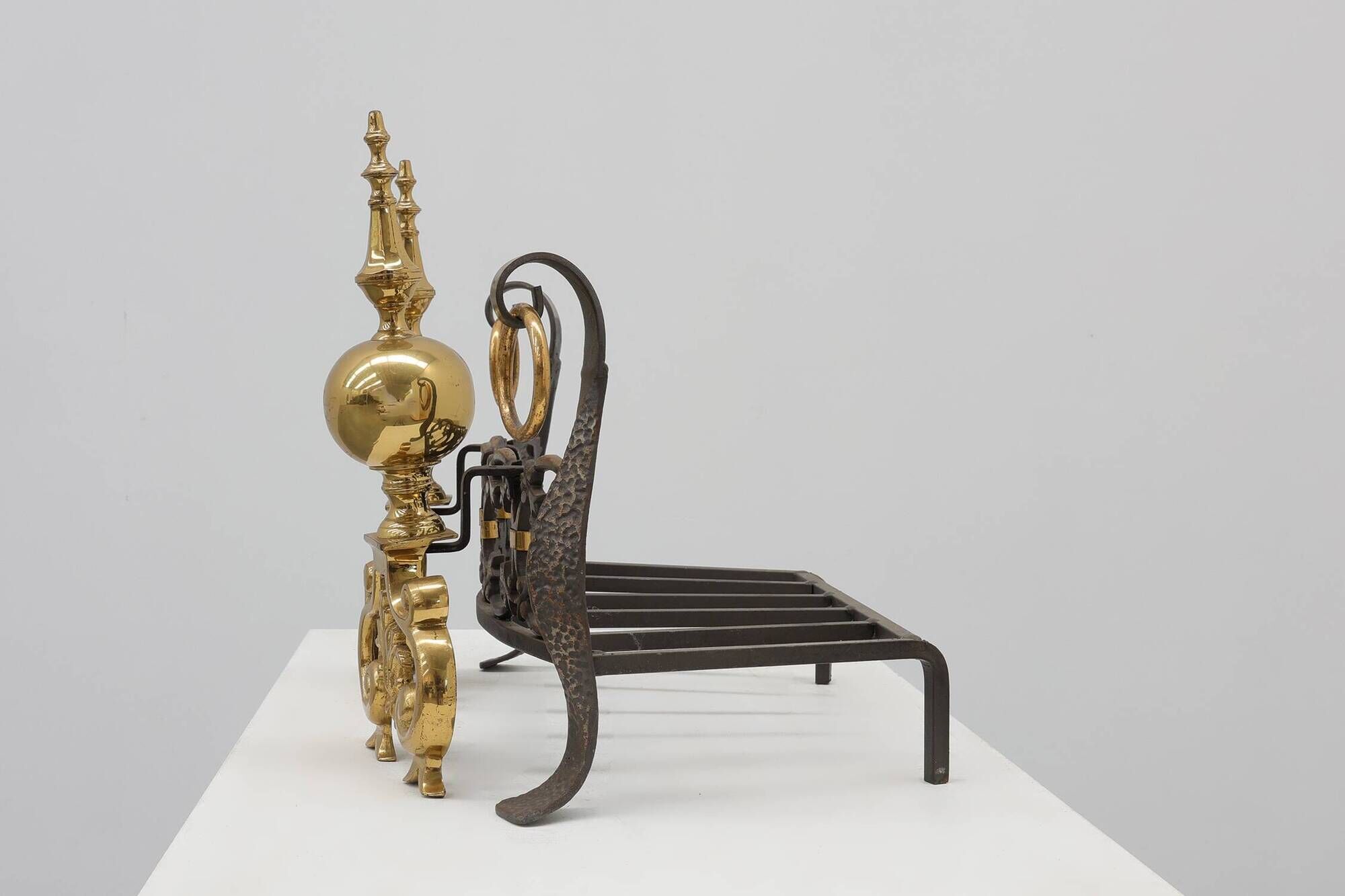 Pair of French Brass Firedogs and Wrought Iron Fireplace Grate, 20th Centur