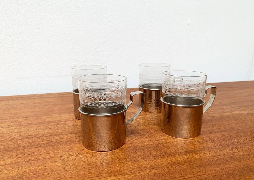 Vintage tea glasses RDA from East Germany by MUQ, Metallwarenfabrik Union Quedlinburg, set of 4.