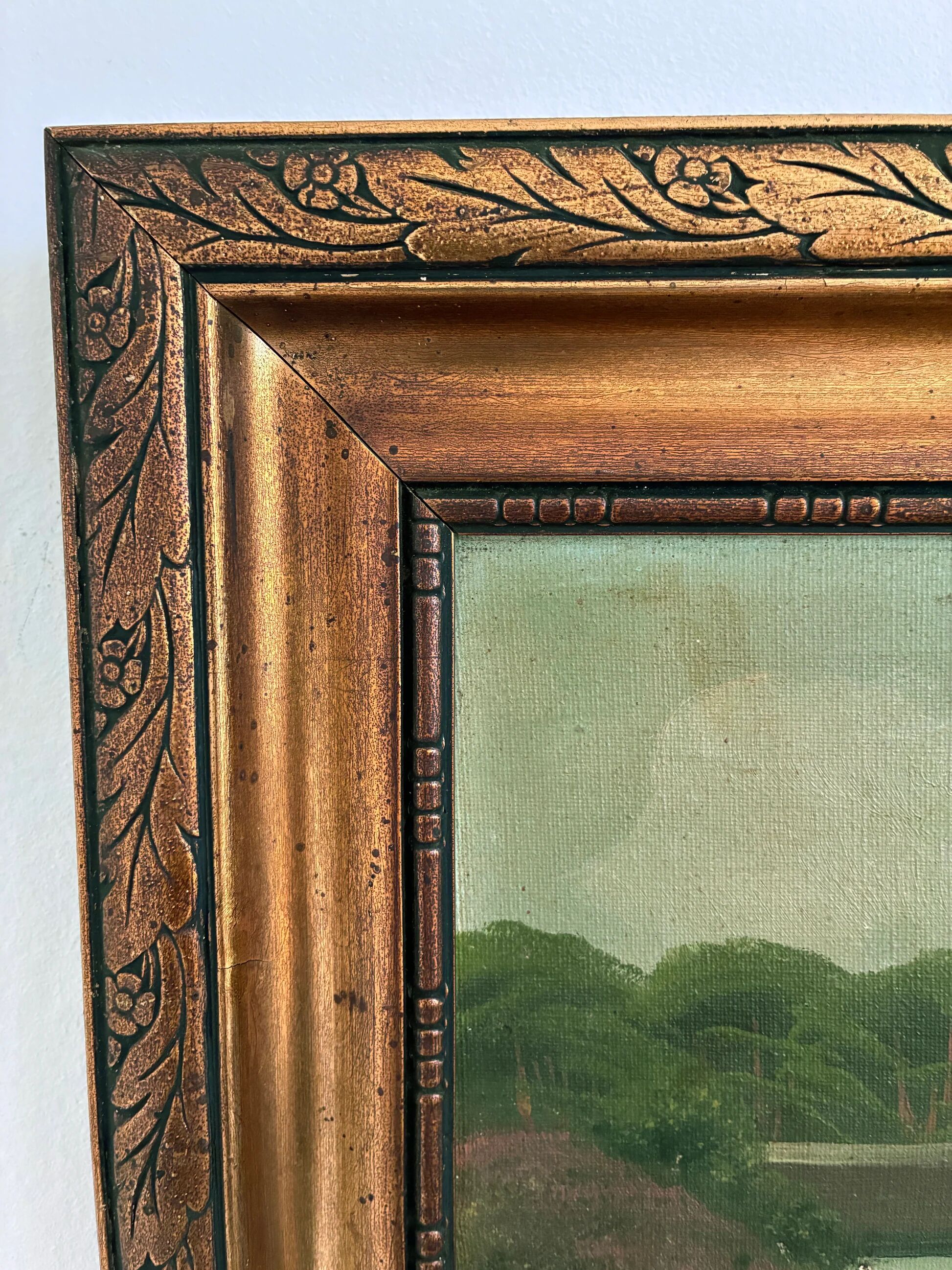 Vintage original landscape oil painting, signed countryside cottage art