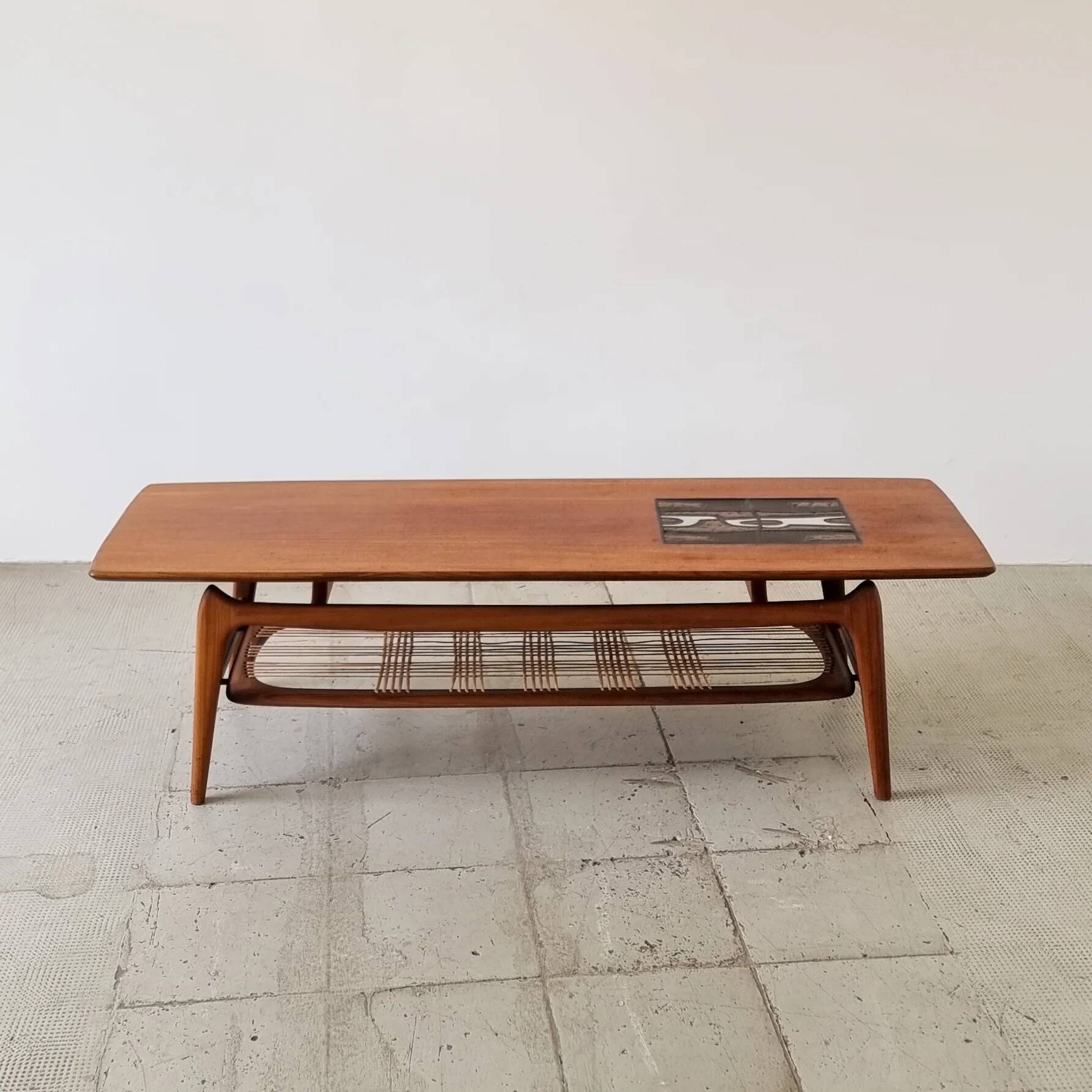 Teak coffee table by Louis Van Teeffelen with tile inlay.
