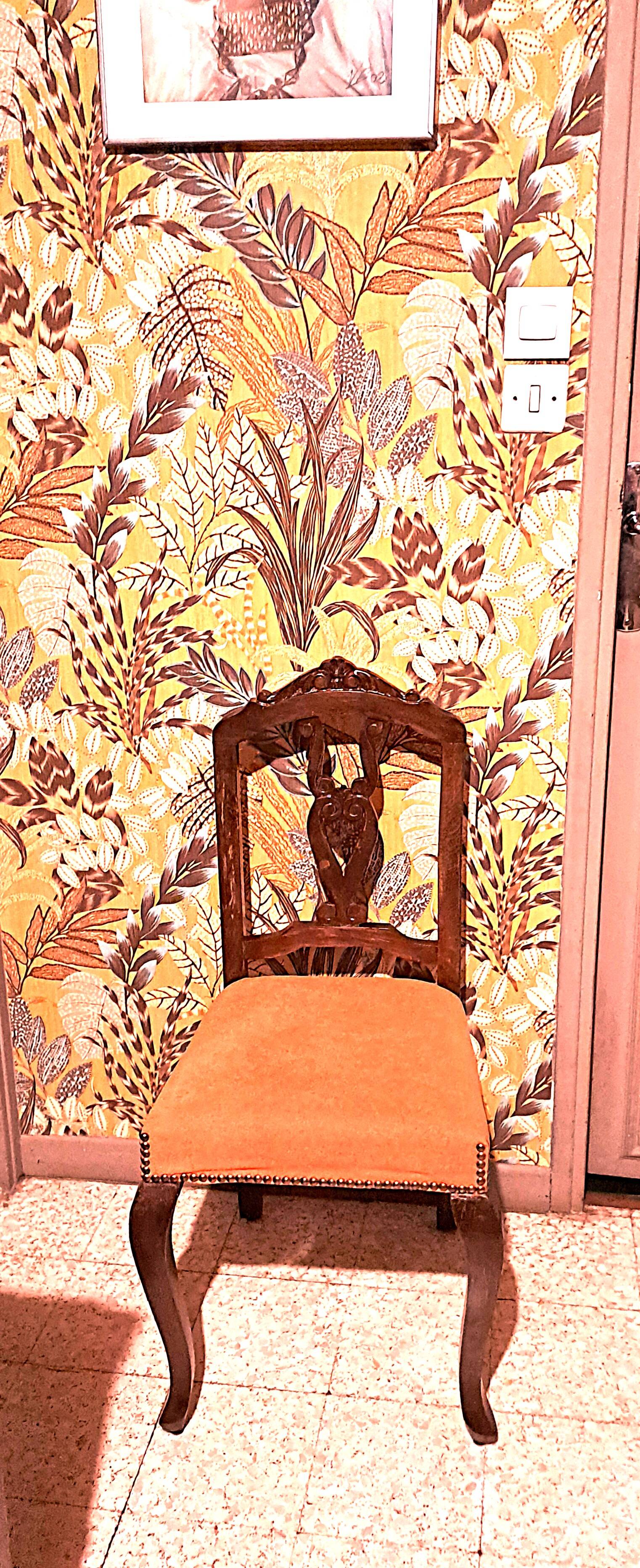Varnished wood chair with orange velvet fabric, 1880/1900