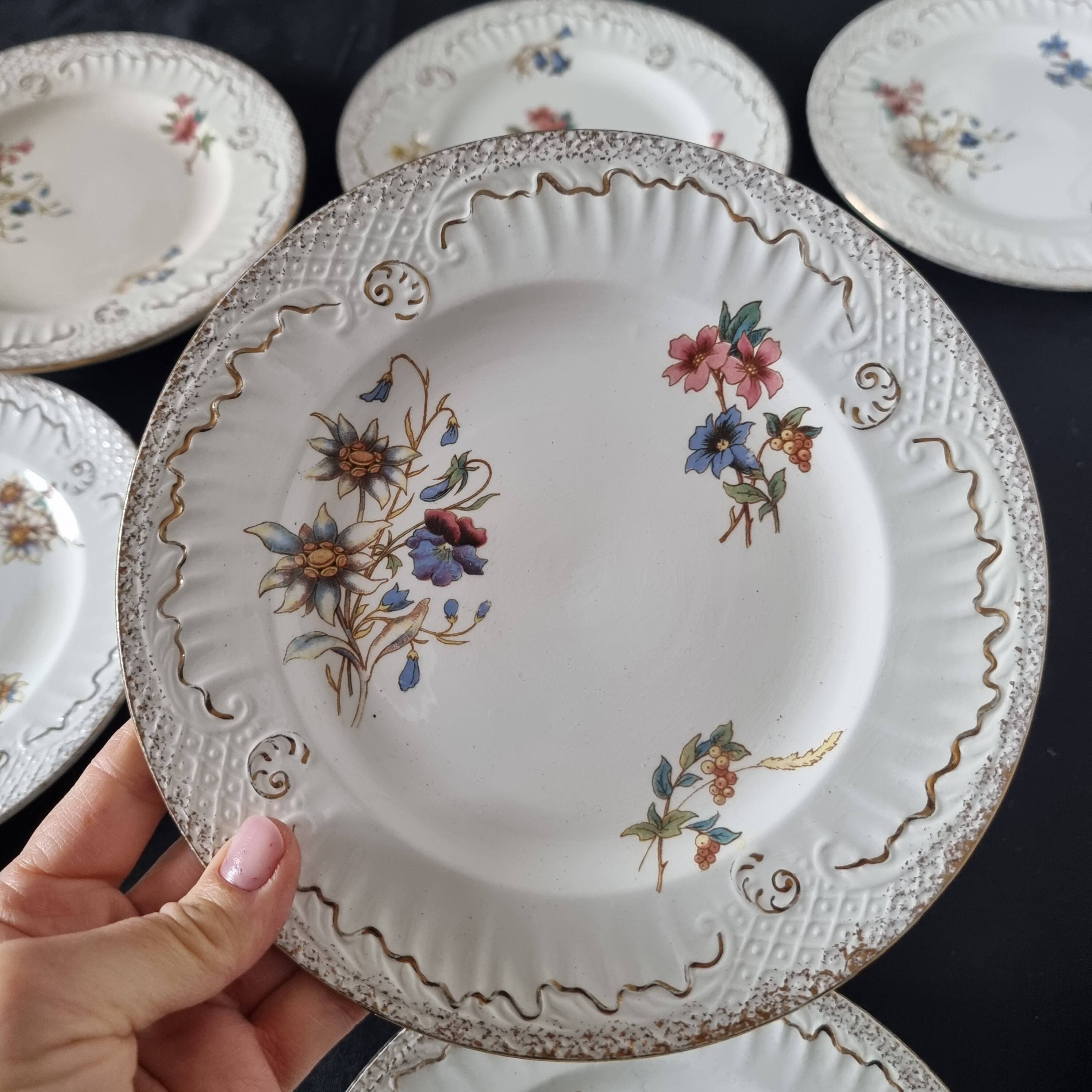 Lot de 9 assiettes anciennes en porcelaine de Sarreguemines, XIXe siècle, s