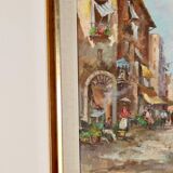 Mid-century oil on canvas painting" city street scene  " by moriani --vintage & framed