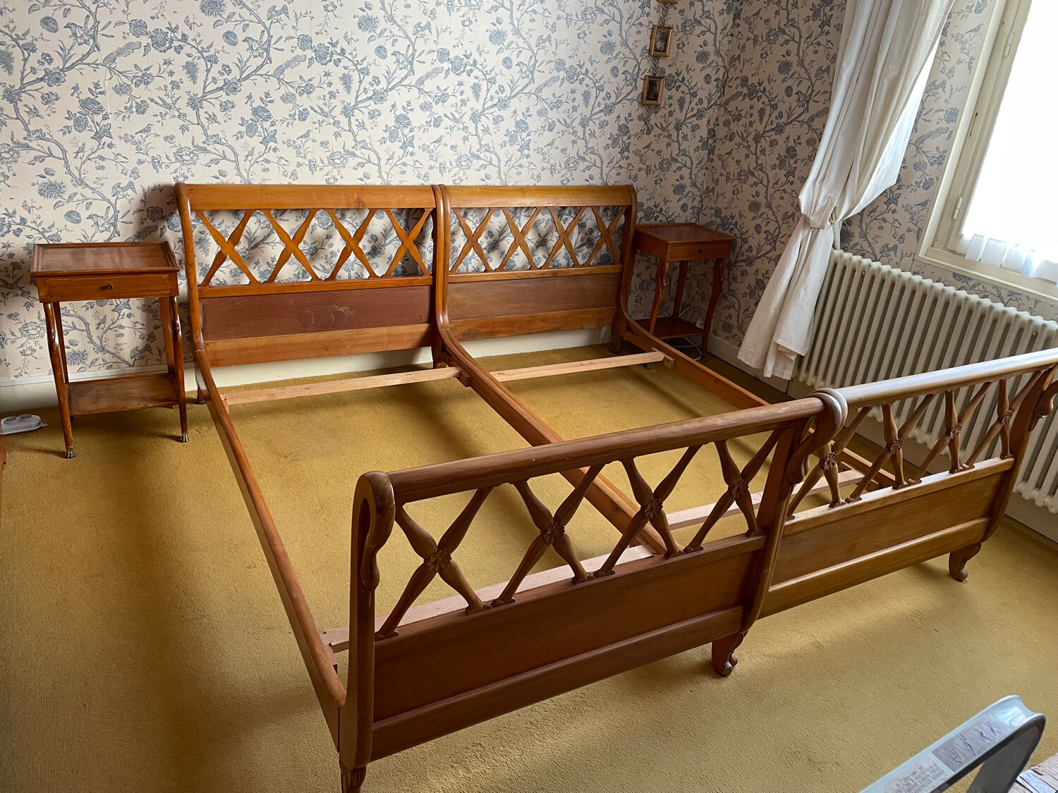 Pair of empire style swan neck beds and bedside tables