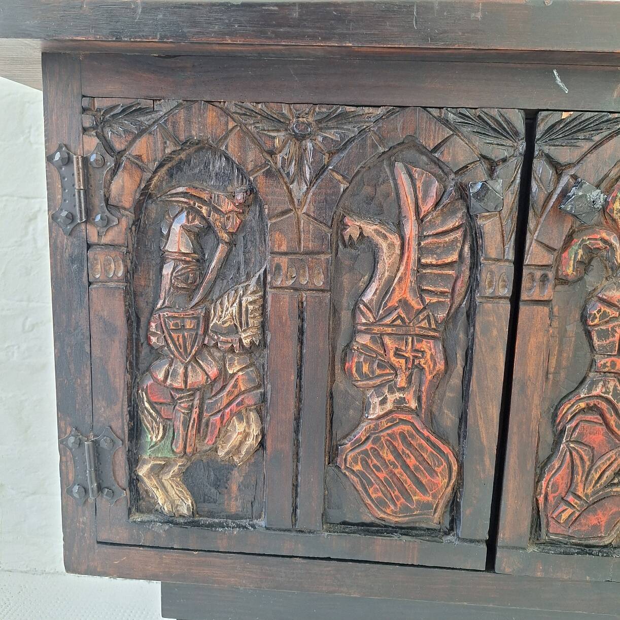 Arts of México Spanish colonial carved  painted console / sideboard, 1940s