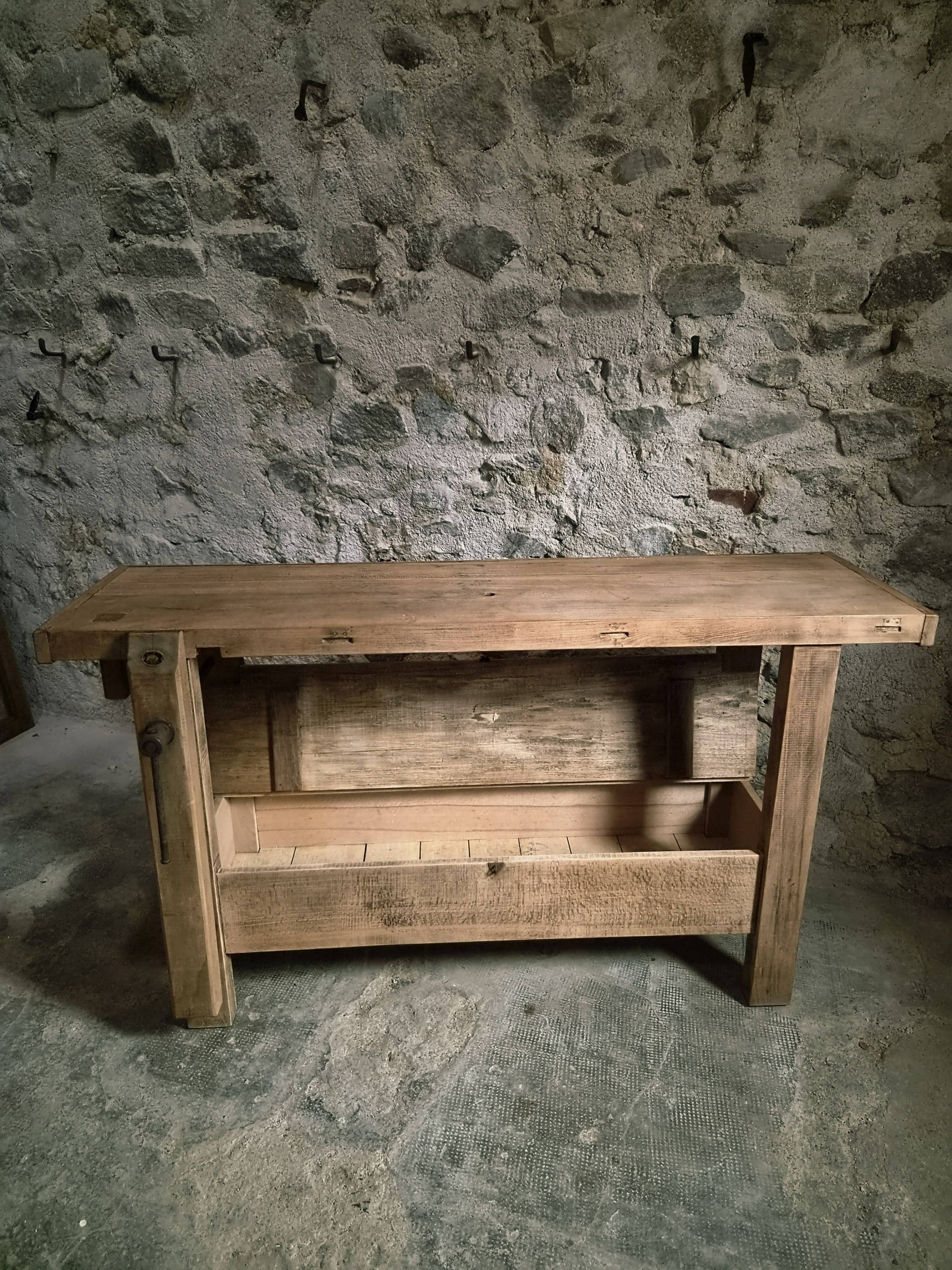 Vintage French beech side table, console, washbasin unit, industrial side table, circa 1950–1970.