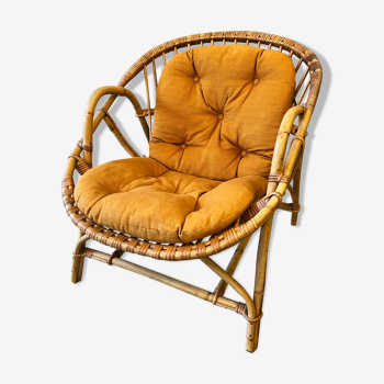 Fauteuil corbeille en rotin avec son coussin