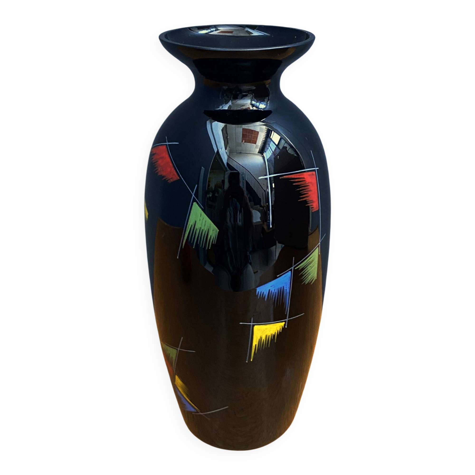 Black glass vase with red, green, blue and yellow details 1960s