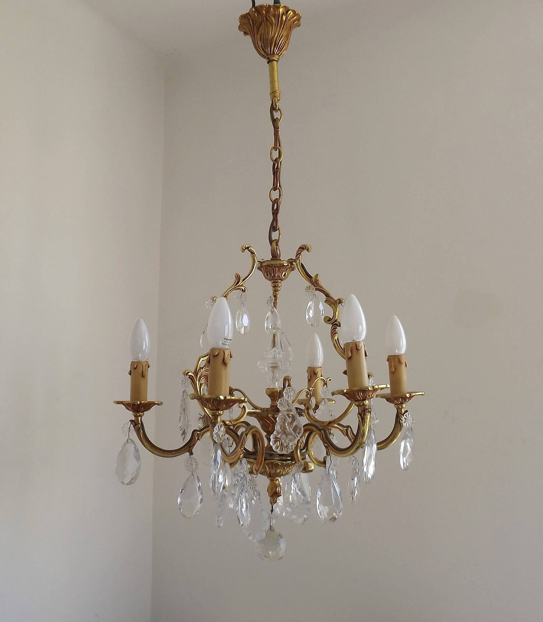 Mid Century Louis XV style cage chandelier - 6 arms - Brass and Crystal