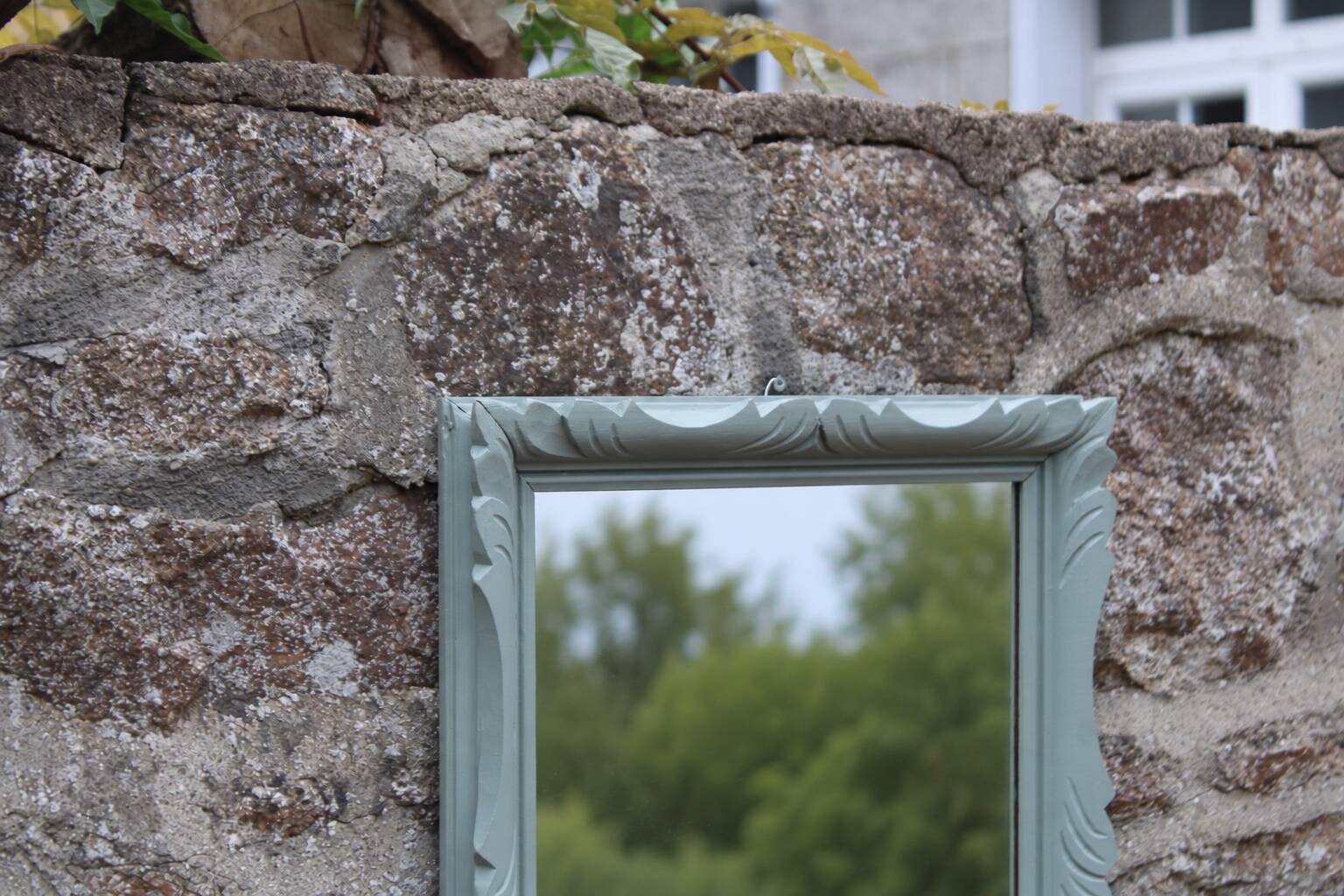 Vintage wall mirror in carved blue-green wood – rococo style – H48 cm