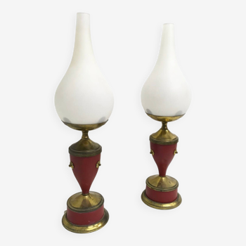 Paire de Lampes de Table Vintage en Métal Verni Rouge, Laiton et Verre, Italie