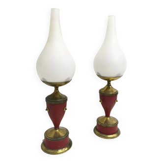 Vintage Pair of Red Varnished Metal, Brass and Glass Table Lamps, Italy