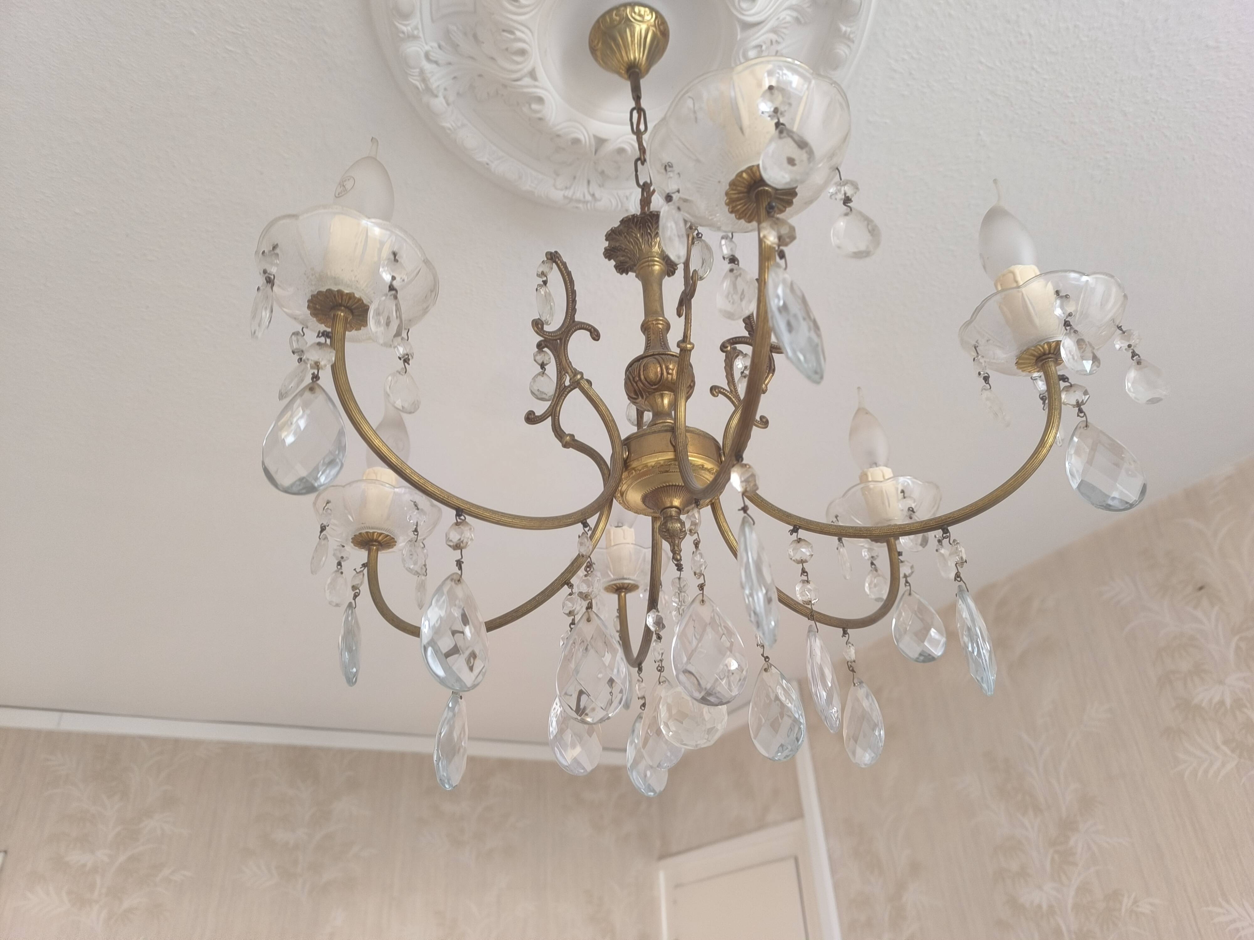 Vintage brass and crystal pendant chandelier with 6 lights
