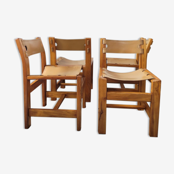 Lot de 4 chaises bois et cuir maison Regain – années 70