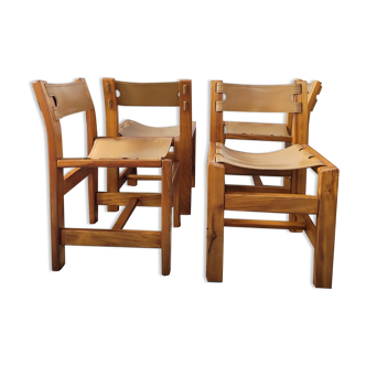 Lot de 4 chaises bois et cuir maison Regain – années 70