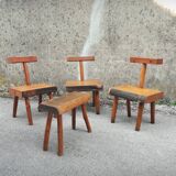 Set of four brutalist chairs and a bench, France, 1960s