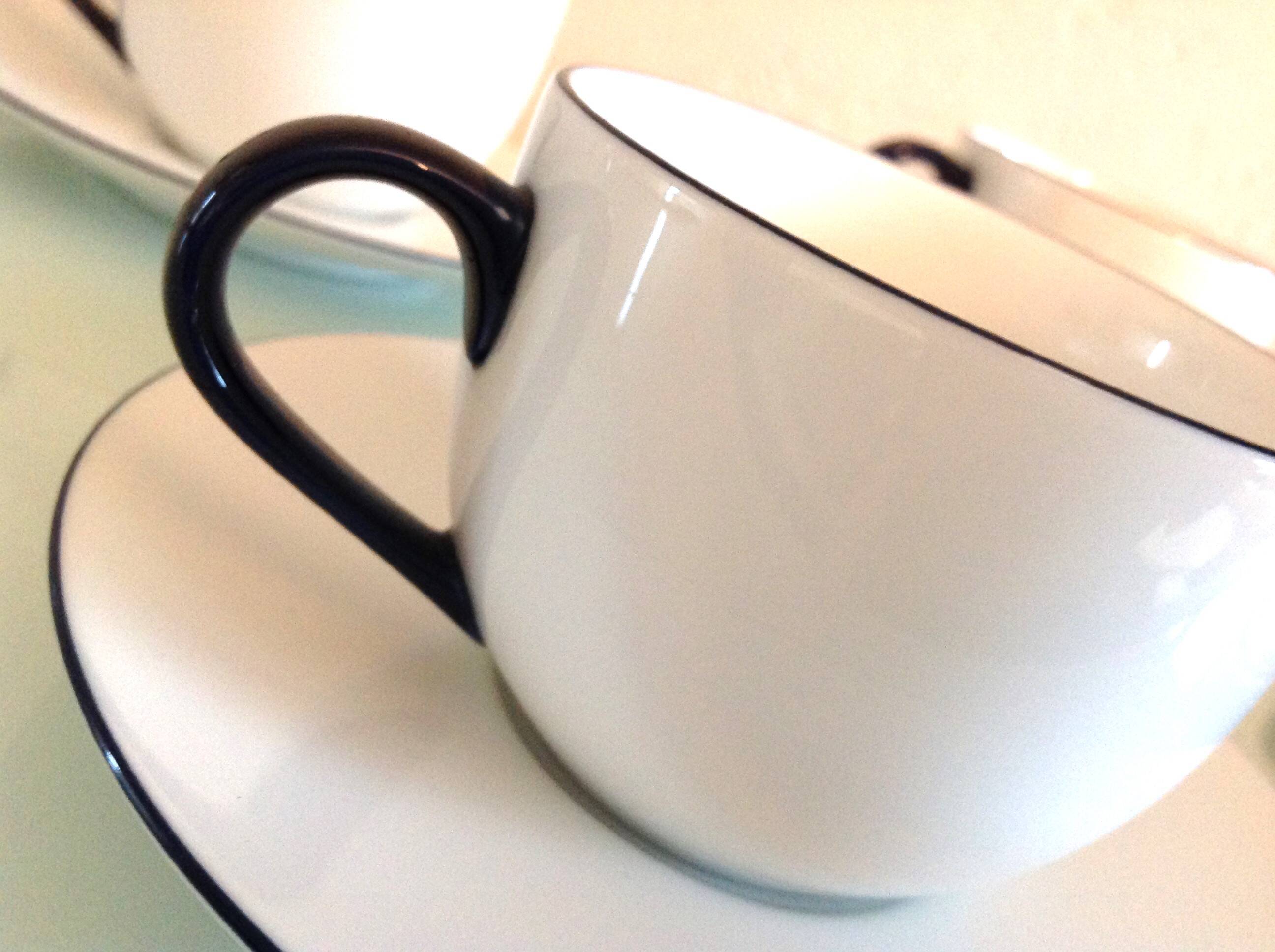 Set of eight white porcelain cups with blue edging / vintage 70s-80s